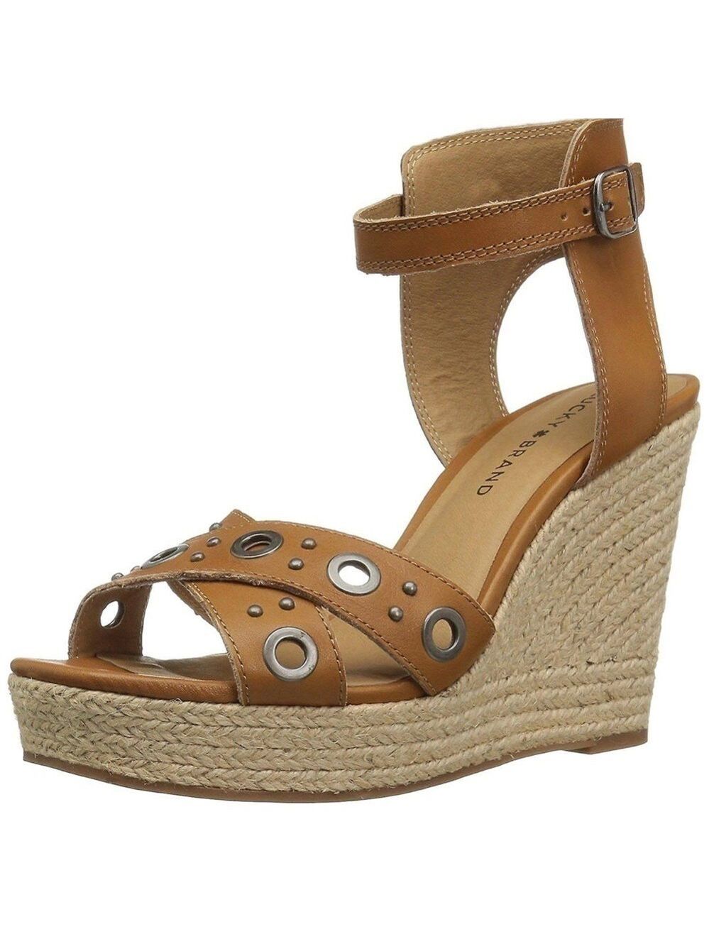 LUCKY brand espadrille neutral leather ankle strap embellished wedge sandal 10